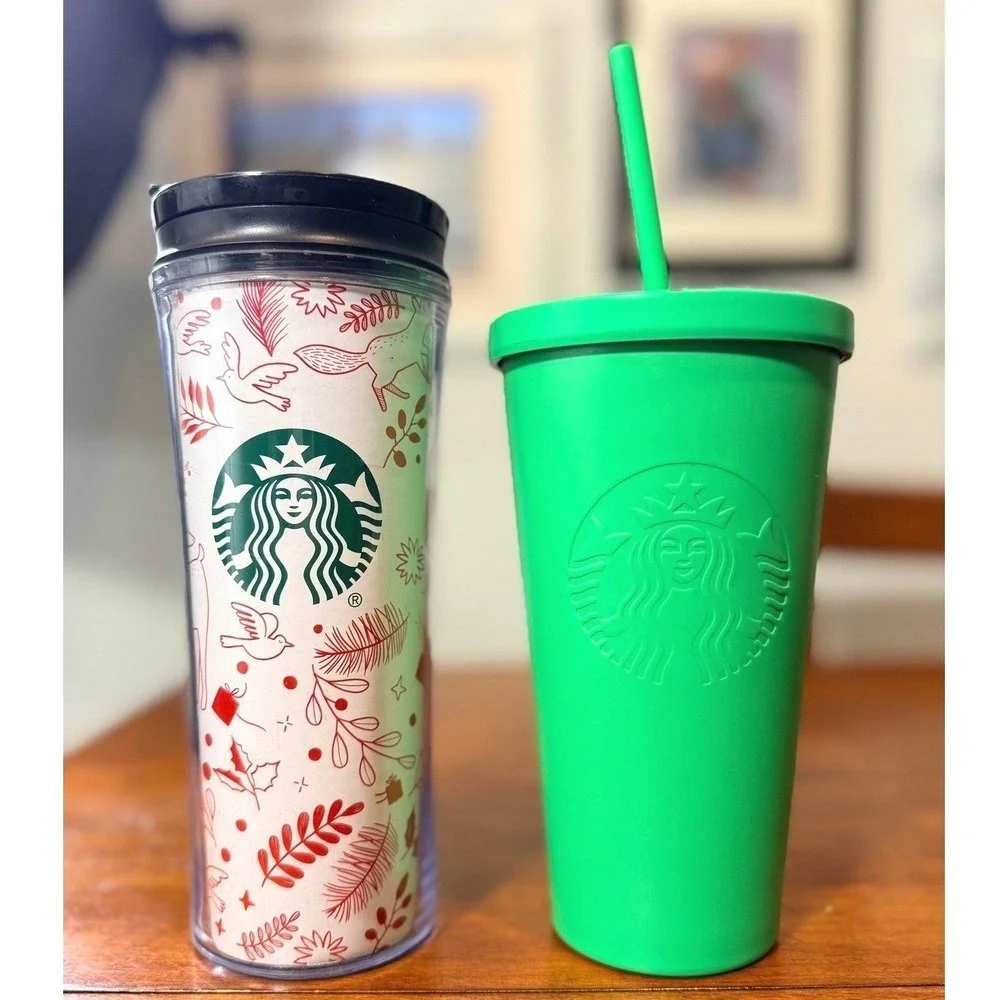 LOT Starbucks 16oz Matte Green Stainless Steel Tumbler Holiday Fox Mug Cup Matte